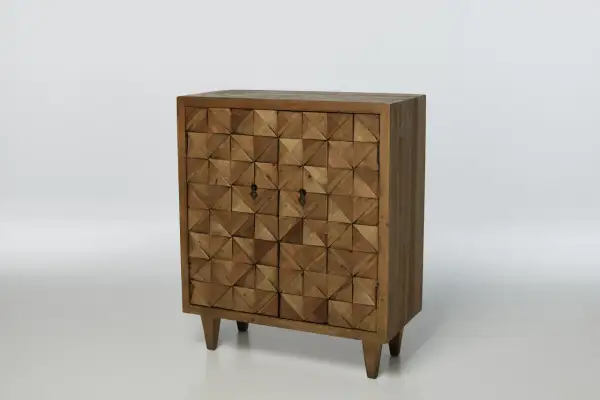 A rustic wooden cabinet with a geometric patterned door, showcasing one of the many types of furniture cabinets available.