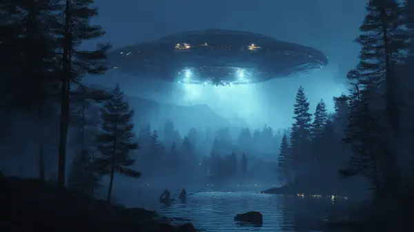 Nocny las nad jeziorem, nad którym unosi się lśniący statek obcych. Scena jak z książek o ufo, z dwoma rybakami w łodzi.
