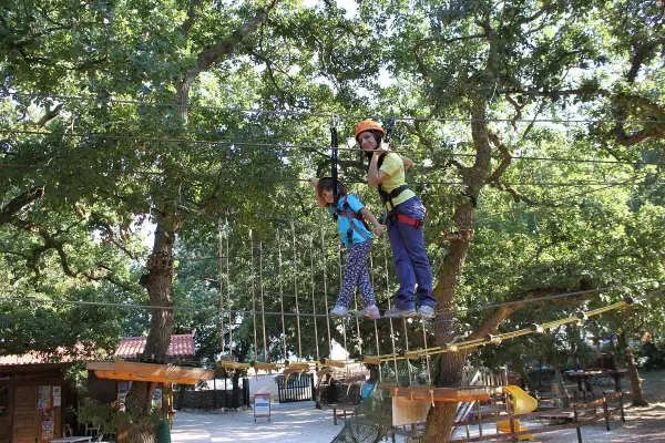 Bambini si divertono in un parco avventura Puglia, su un percorso sospeso tra gli alberi.
