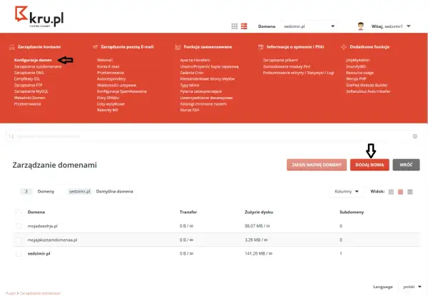 Panel administracyjny kru.pl, sekcja Zarządzanie domenami. Widoczny przycisk "DODAJ NOWĄ" do wyszukiwania domen.