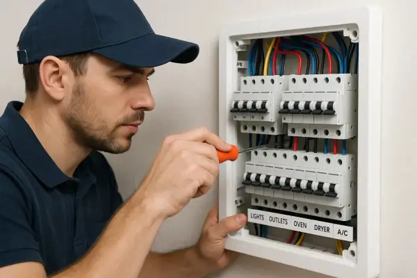 Un électricien concentré utilise un tournevis pour changer un disjoncteur dans un tableau électrique.