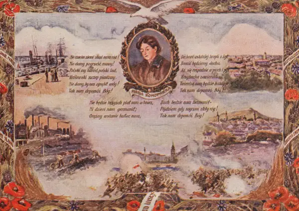 Nie będzie Niemiec pluł nam w twarz, ni dzieci nam germanit. Orężny wstanie hufiec nasz, bo duch będzie nam helmanit.