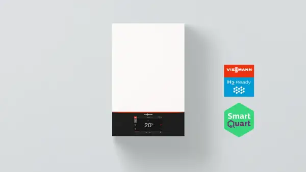 Nowoczesny piec na wodór Viessmann H2 Ready, z wyświetlaczem pokazującym 20°C.