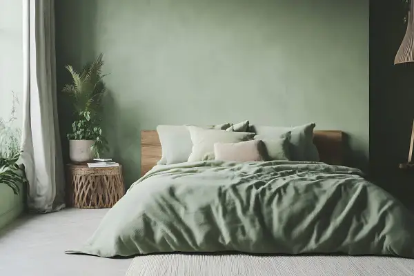 Przytulna sypialnia zieleń boho. Miękkie poduszki i pościel w odcieniach zieleni tworzą relaksującą atmosferę.
