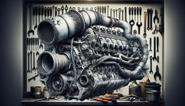 Gros moteur de voiture couvert de poussière, peut-être un symptôme catalyseur HS essence. Outils de mécanique en arrière-plan.
