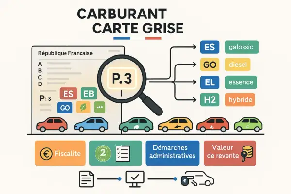 Illustration expliquant comment lire une carte grise pour identifier le type de carburant (essence, diesel, hybride).