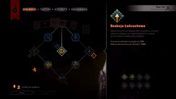 Drzewko umiejętności Varrika w Dragon Age Inkwizycja. "Reakcja Łańcuchowa" zadaje więcej obrażeń, im więcej wrogów w pobliżu.