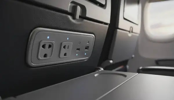 W samolotach są gniazdka! Widok na panel z gniazdkami elektrycznymi i portami USB w fotelu samolotowym, gotowy do ładowania urządzeń.