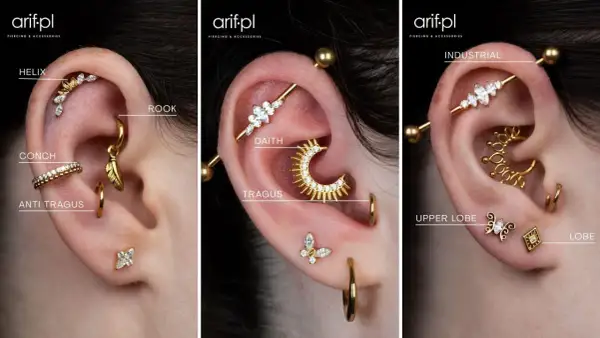 Złote kolczyki w uchu: helix, rook, conch, anti tragus, daith, tragus, industrial, upper lobe, lobe. Jaki wenflon do ucha? To pytanie o biżuterię.