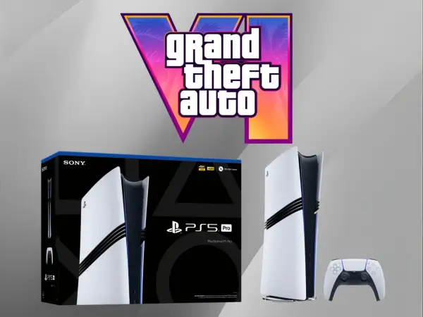 Logo GTA 6 nad konsolą PlayStation 5 Pro i padem. Marzenie o grze gta 6 na ps5 staje się bliższe.
