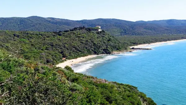 Spiaggia delle bandite di Scarlino, con mare azzurro, pineta lussureggiante e una villa in collina.