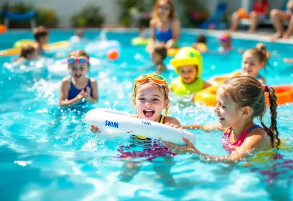 Children joyfully participate in swim games in a pool, splashing and laughing with inflatable rings.