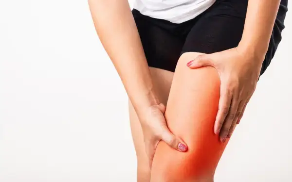Dolore alla coscia, un possibile sintomo di atrofia muscolare alle gambe. La zona è evidenziata in rosso.