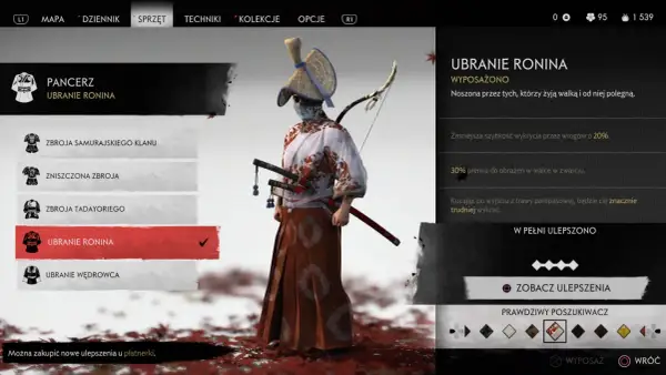 Ghost of Tsushima - poradnik: Ubranie Ronina, które zwiększa szybkość wykrycia i obrażenia w zwarciu.