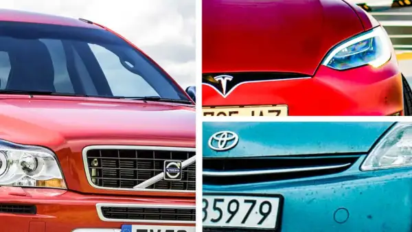 Volvo, Tesla och Toyota – tre av de mest pålitliga bilarna. Bilden visar närbilder på fronten av dessa bilar.