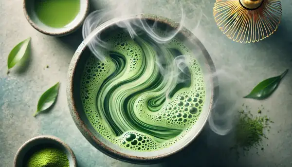Parująca, zielona matcha w miseczce, z pianką tworzącą wzory. To właśnie taka herbata pobudza, idealna na początek dnia.