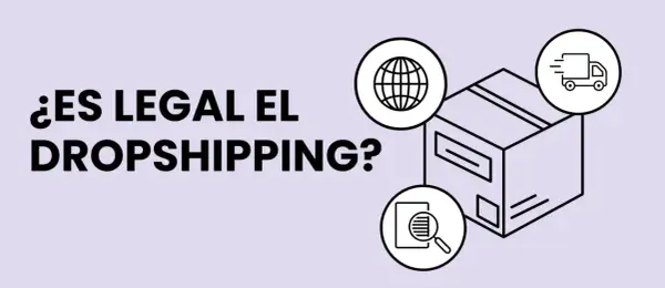 ¿Es legal el dropshipping? Iconos de globo terráqueo, lupa y camión rodean una caja, ilustrando el comercio electrónico global y la logística.