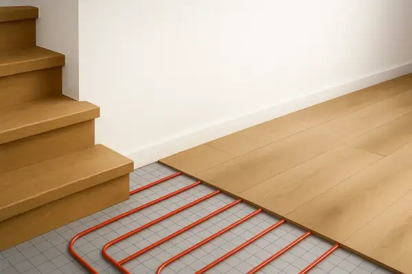 Ogrzewanie podłogowe na schodach betonowych? Instalacja czerwonych rurek pod drewnianą podłogą obok schodów sugeruje, że to ma sens.