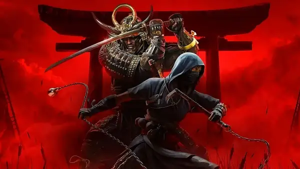 Samuraj i ninja w akcji, zapowiadający Assassin's Creed Shadows. Czerwone tło i torii tworzą mroczną atmosferę.