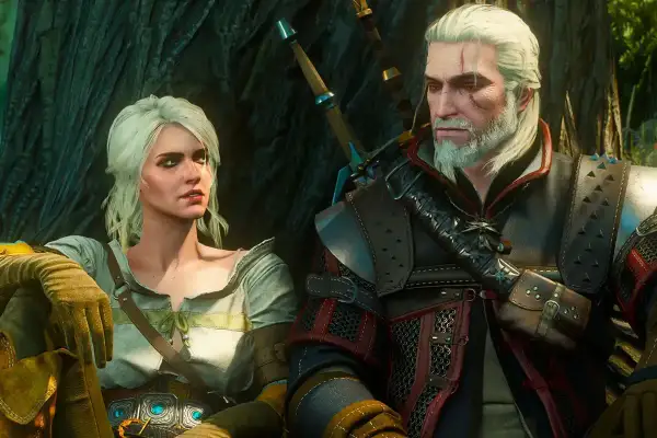 Geralt i Ciri siedzą obok siebie, gotowi na kolejne przygody w świecie pełnym potworów. Klasyczne stare gry RPG w najlepszym wydaniu.