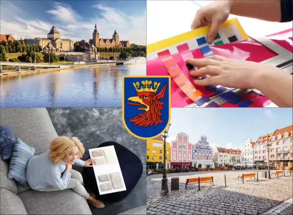 Szczecin: panorama miasta, herb, wybór kolorów i kobieta z próbkami materiałów.