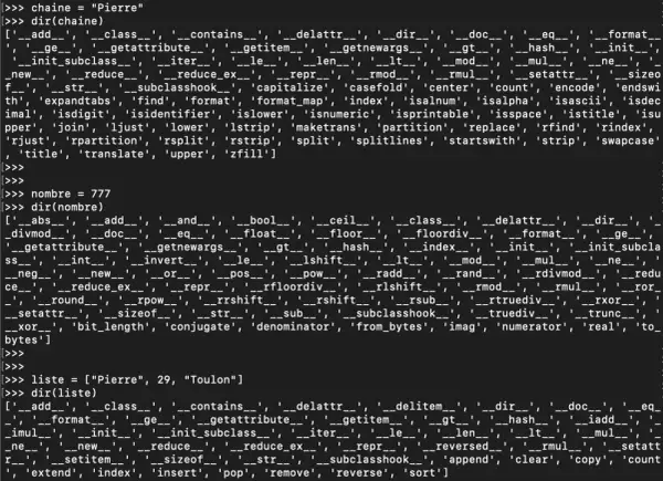 Code Python affichant les méthodes disponibles pour les chaînes de caractères, les nombres et les listes. Le mot-clé "trim" n'apparaît pas.