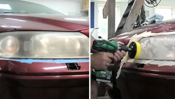 Split image showing a car headlight before and during polishing with a drill and buffing pad.