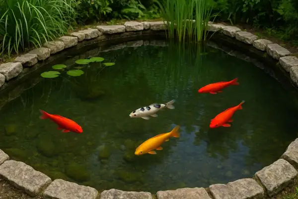 Cinq poissons de bassin, dont trois rouges vifs, un blanc et noir, et un doré, nagent dans un étang verdoyant bordé de pierres.