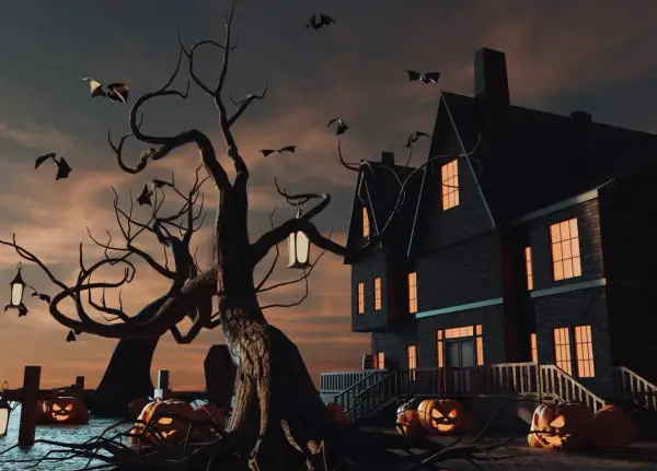 Ett kusligt hus med fladdermöss i skyn, pumpor och en knotig träd. Perfekt för dina halloween filmer.