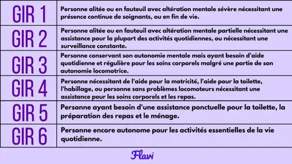 Tableau des GIR. La définition du GIR 5 indique une personne ayant besoin d'une assistance ponctuelle pour la toilette, la préparation des repas et le ménage.