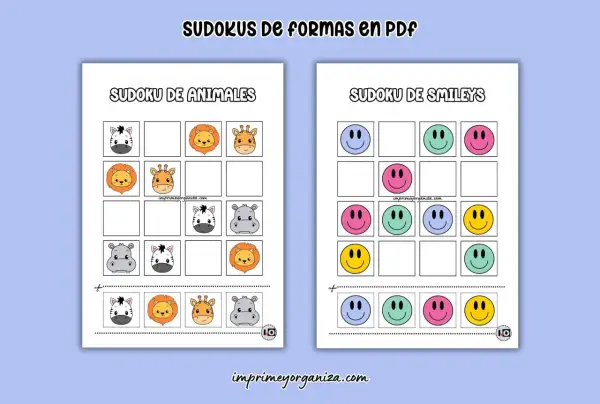 Sudoku para niños para imprimir con animales y caritas sonrientes. ¡Un divertido juego de lógica para descargar!