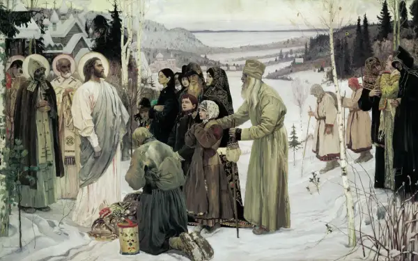 W zimowym krajobrazie, wśród ludu, Chrystus błogosławi, symbolizując polska chrystusem narodów.