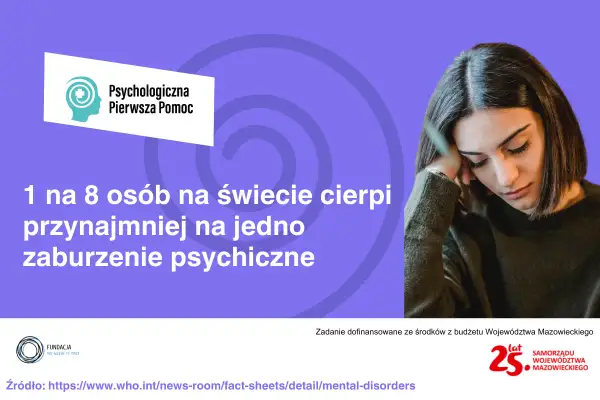 Młoda kobieta z ręką na czole, symbolizująca załamanie nerwowe. 1 na 8 osób na świecie cierpi na zaburzenia psychiczne.