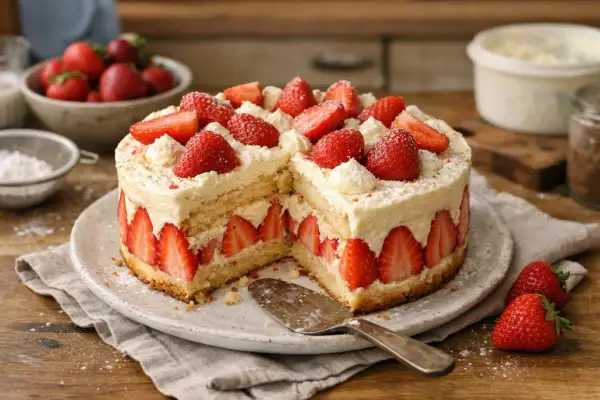 Gâteau rond à la crème pâtissière et fraises, décoré de fruits frais et de crème.