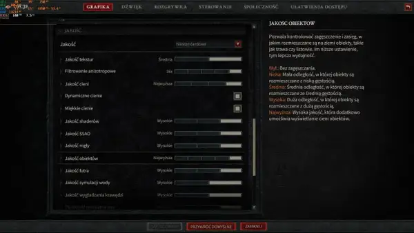 Ustawienia grafiki Diablo 4: Jakość obiektów na "Najwyższa" dla lepszych detali, ale może wpłynąć na wymagania sprzętowe.