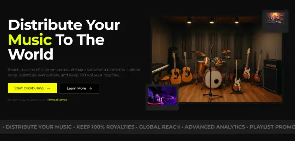 Learn how to copyright your music and distribute it globally. Image shows a music studio with instruments and DJ equipment.