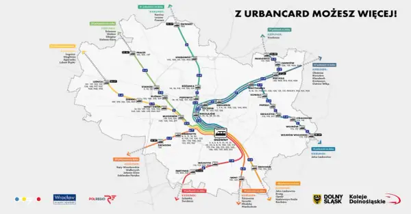 Mapa połączeń kolejowych Wrocławia i okolic. Urbancard Wrocław cennik - sprawdź trasy i ceny biletów.