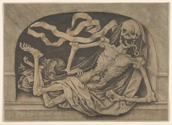 Szkielet z wystającym językiem i wstęgami, symbolizujący topos ubi sunt.
