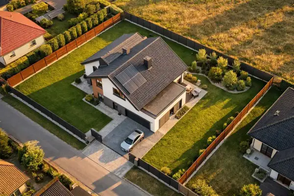 Nowoczesny dom z panelami słonecznymi i zadbanym ogrodem. Obiekt małej architektury, jak altana, jest widoczny w oddali. Odległość od granicy działki jest zachowana.