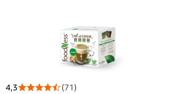 Scatola di caffè al ginseng Foodness, con tazza di bevanda e radici di ginseng. Illustra la differenza tra caffè e ginseng.