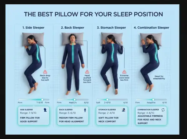 Pillow firmness scale for side, back, stomach, and combination sleepers. Ranges from soft to firm, with recommendations for each sleep position.