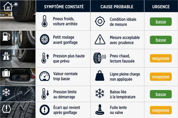 Tableau comparant les symptômes de pression des pneus, leurs causes probables et l'urgence. Une ligne indique "Pneu chaud, lecture faussée" pour une pression pneu à chaud.