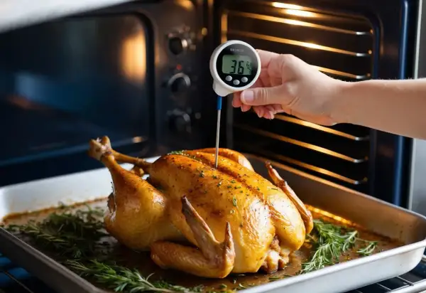 En hand mäter kycklingens innertemperatur med en digital termometer. Den gyllene kycklingen ligger i en ugnsform med rosmarin.