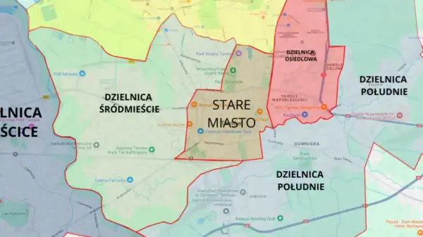 Mapa administracyjna Tarnowa z zaznaczonymi dzielnicami: Śródmieście, Stare Miasto, Osiedlowa, Południe. Widać też fragmenty Mielca.