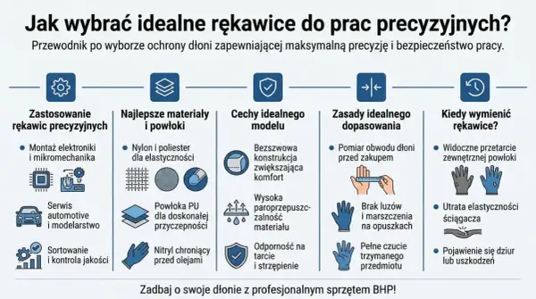 Poradnik o tym, jak dobrać idealne rękawice robocze, uwzględniający zastosowanie, materiały, cechy, dopasowanie i moment wymiany.