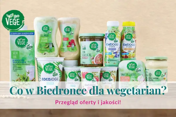Różnorodne produkty roślinne marki Go Vege: sosy, jogurty, napoje, smalczyk i majonez.