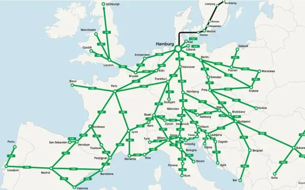 En karta över Europa med tågförbindelser och restider, perfekt för din SJ Interrail-resa.