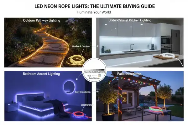 Ścieżka w ogrodzie oświetlona taśmą LED neon, kuchnia z oświetleniem pod szafkami, sypialnia z neonowym akcentem, patio z kolorową taśmą LED neon.