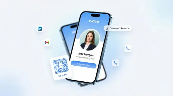 Learn how to make a digital business card with this visual guide. A smartphone displays a profile with contact options, a QR code, and social media icons.