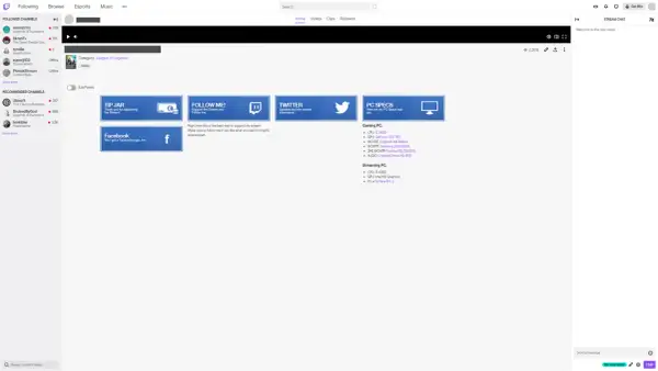 Twitch-Panels mit Links zu Spenden, Social Media und PC-Specs. Die Größe der Panels ist gut gewählt.